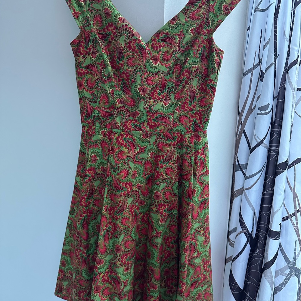 Retrolicious Red and Green V-Neck Fit and Flare Dress NWOT
